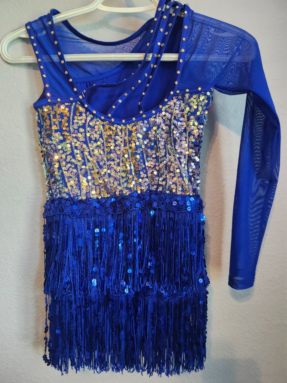 Weissman Blue Sequin Fringe Dance Costume Rhinestone One Sleeve Size MC